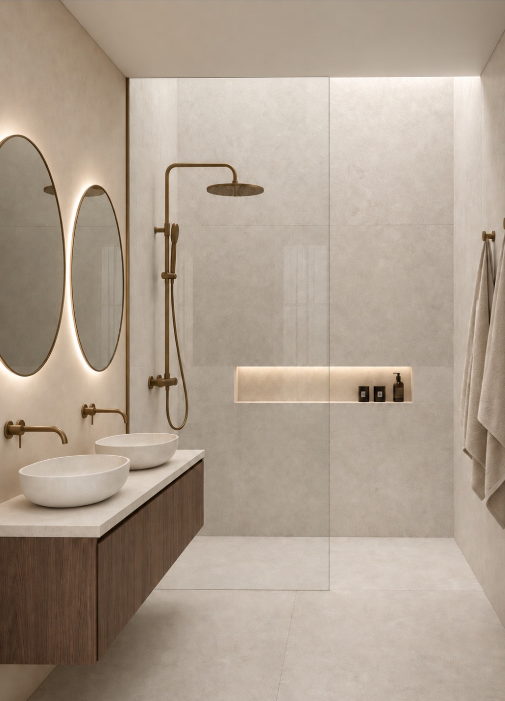 Visualisierung eines modernen Bades mit bodengleicher Dusche, hellen Großformatfliesen und schwebendem Waschtisch aus dunklem Holz