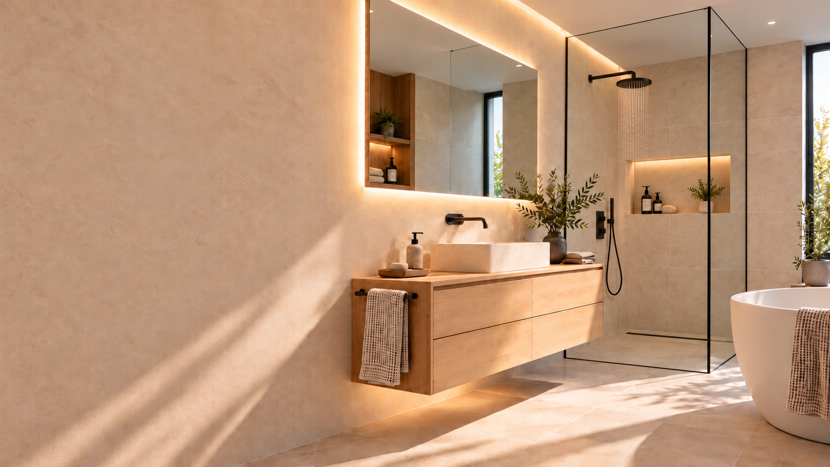 Visualisierung eines ruhigen Spa-Badezimmers mit Holzwaschtisch, hinterleuchtetem Spiegel, Walk-in-Dusche und freistehender Wanne