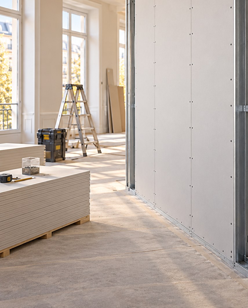 Trockenbau-Trennwand auf Metallständerwerk mit montierten Gipskartonplatten, Plattenstapel mit Maßband und Bleistift, Leiter und Werkzeugbox in einem hellen Raum mit hohen Fenstern